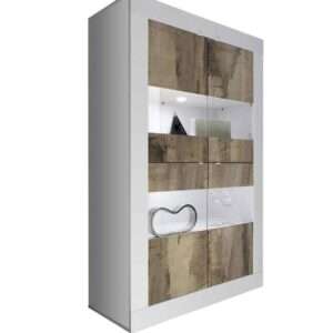 Vitrína 4 dveř. lesk bílá / dub NOVÁ 2. jakost